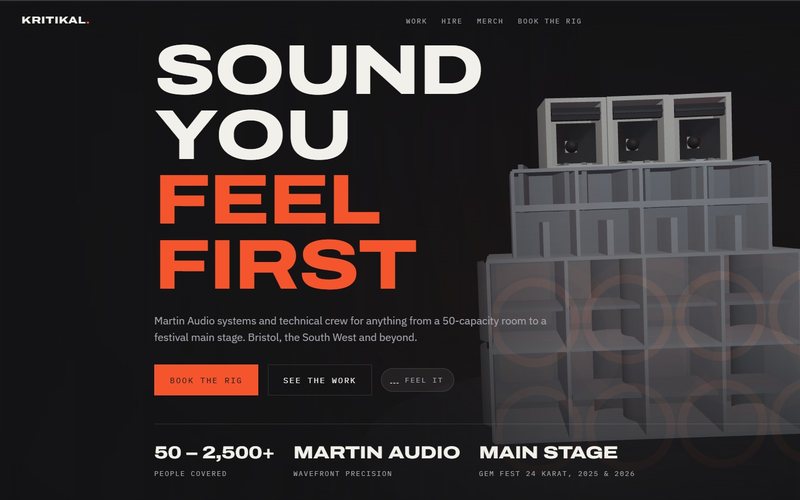 The Kritikal Soundsystem website, showing the Sound You Feel First hero over the 3D cabinet stack