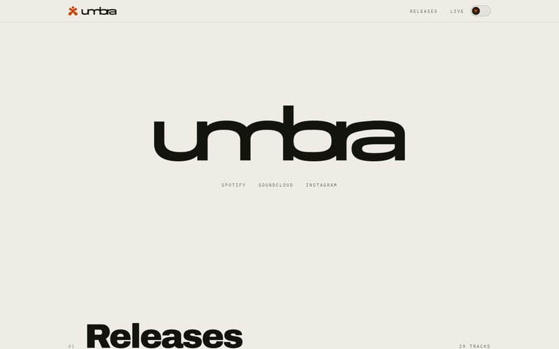 The live Umbra website: the umbra wordmark with links to Spotify, SoundCloud and Instagram