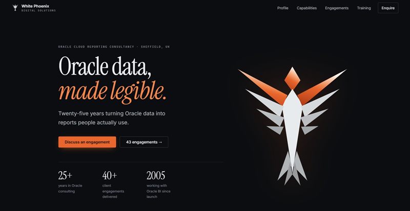 The White Phoenix website, showing the Oracle consultancy landing page
